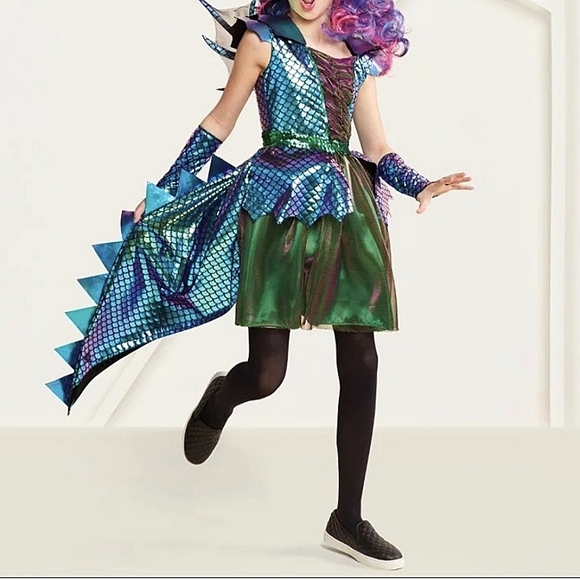 Girls Green/Purple Embellished Dragon Costume Tulle Dress Halloween Party - Picture 5 of 12